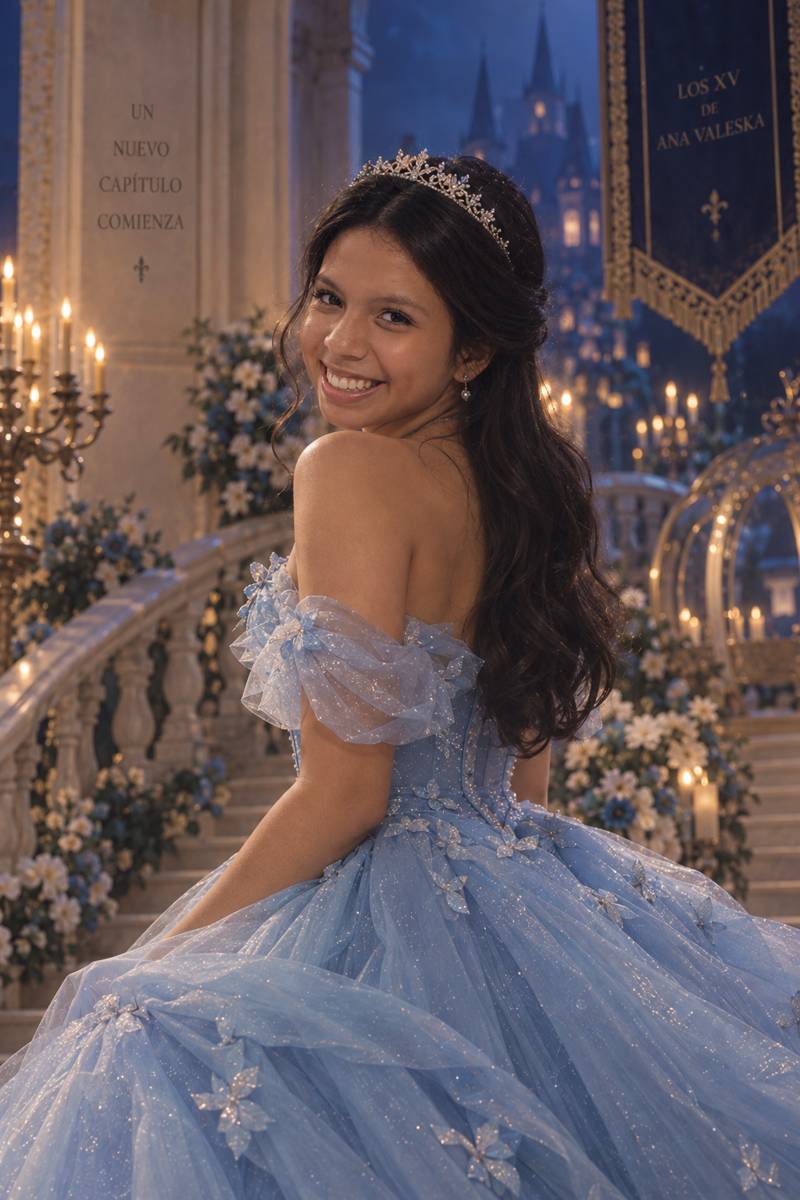Ana con su vestido azul en el castillo