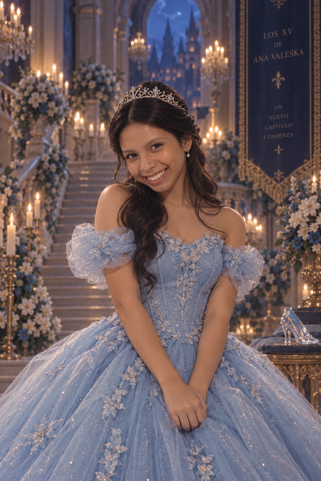 Ana sonríe entre flores y luces del palacio