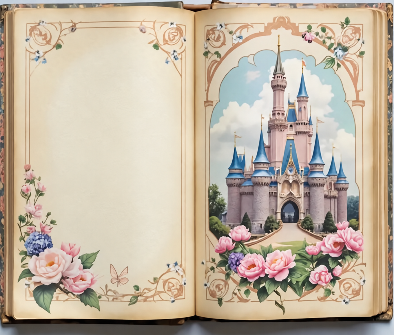 Un antiguo libro abierto con un castillo entre rosas y filigranas